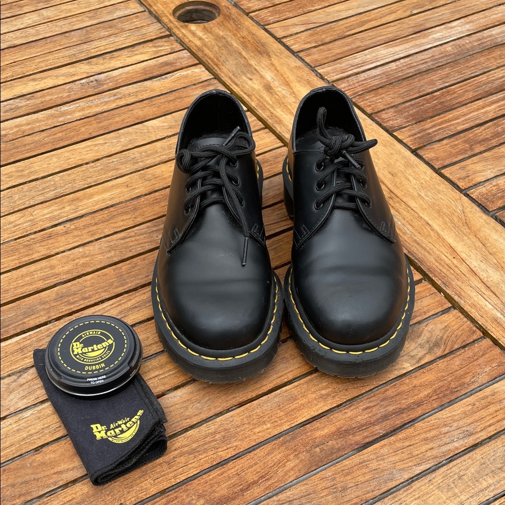 Dr. Martens Black Leather Oxfords with Yellow Stitching